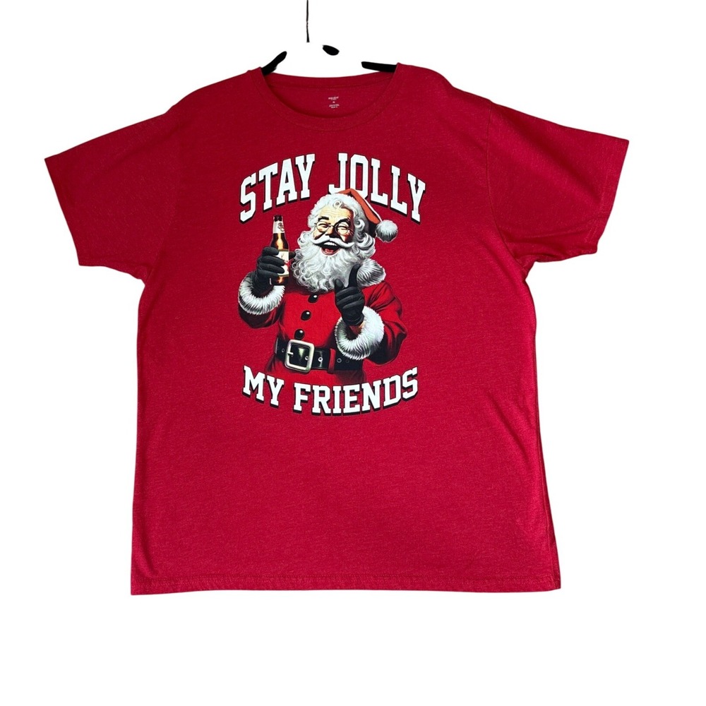 Holiday Time Graphic Tee Men Red Stay Jolly My Friends Santa SIZE XL